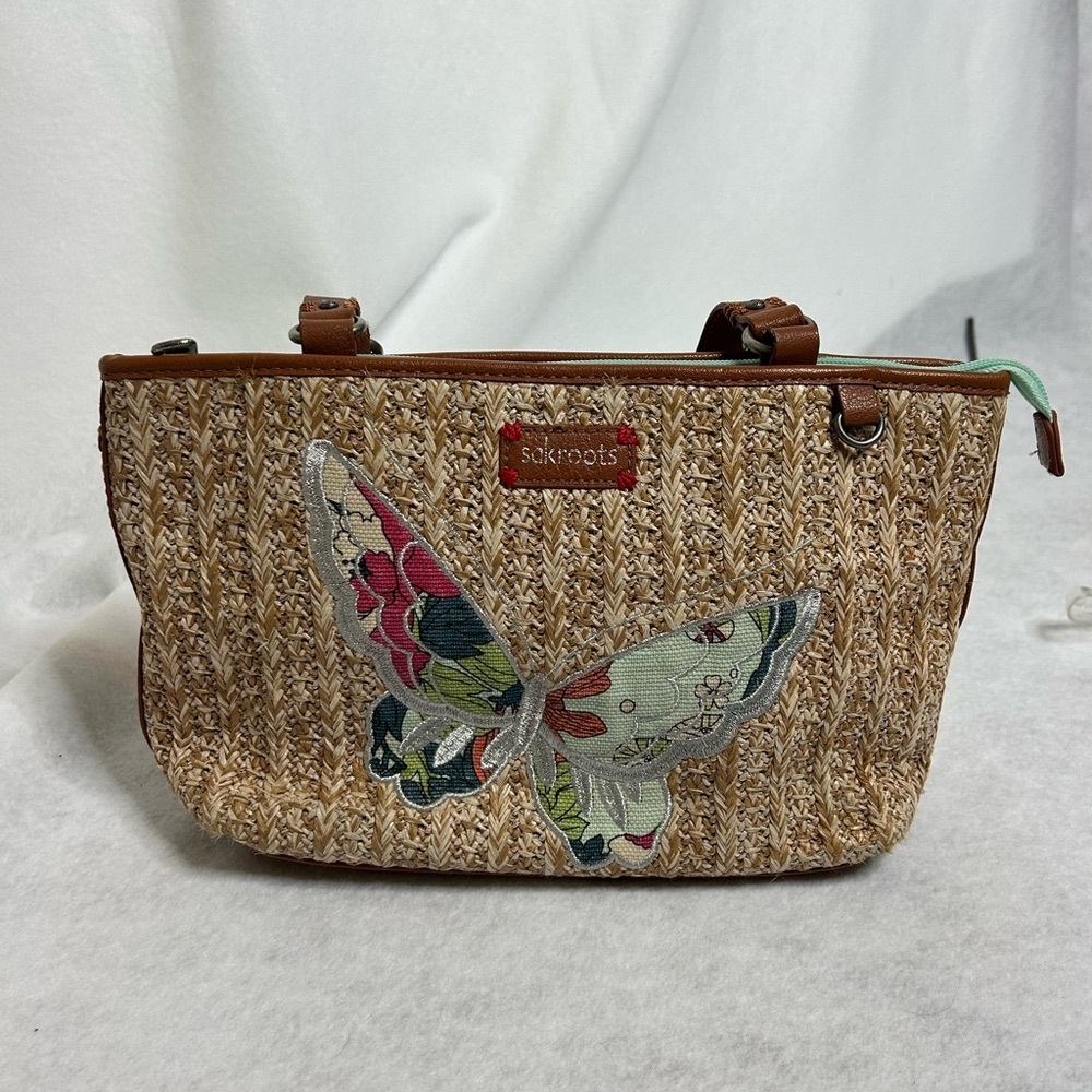 Sakroots Tan Woven Hand Bag with Butterfly Accent